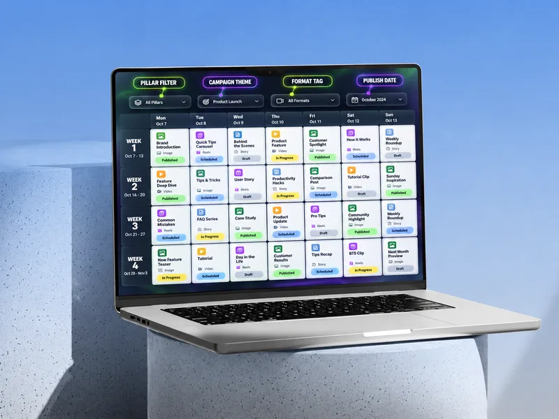 Monthly content calendar on a laptop, filtered by pillar, campaign theme, format and publish date