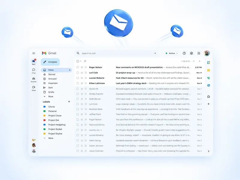 An email inbox with labelled, segmented messages and email icons flying in