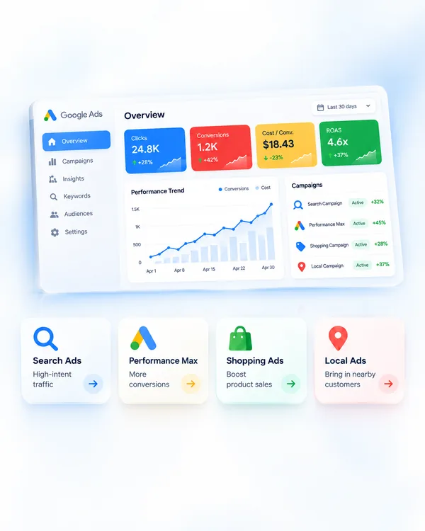 Google Ads dashboard showing rising conversions, with Search, Performance Max, Shopping and Local campaign types