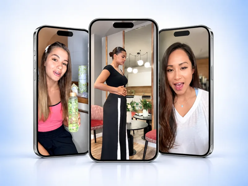 Three phones showing creators filming product videos and reviews
