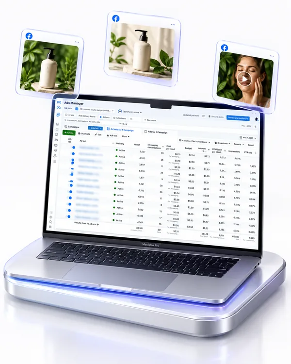 Meta Ads Manager on a laptop with three Facebook ad creatives being tested above it