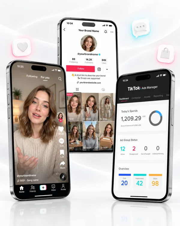 Three phones showing a TikTok creator video, a brand profile and TikTok Ads Manager