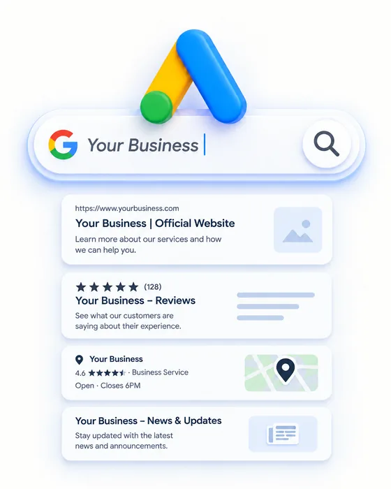 Google search bar with business results, including reviews and a map listing