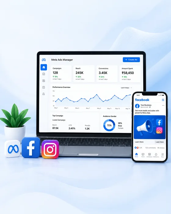 Meta Ads Manager dashboard on a laptop next to a sponsored Facebook post on a phone