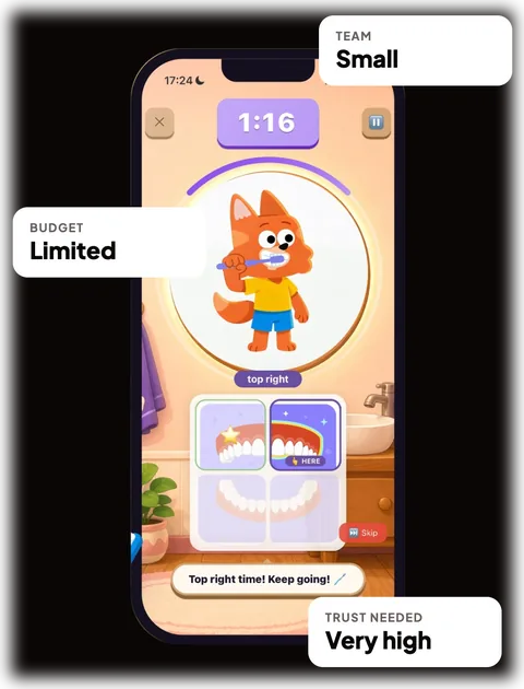 My Dental Buddy app screen with Buddy the fox brushing, labelled team small, budget limited, trust needed very high